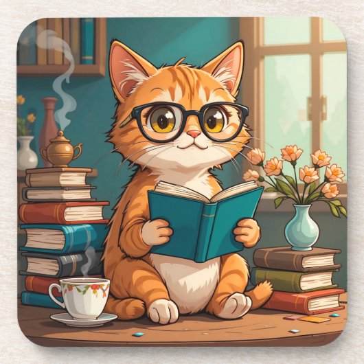 メガネをかけた本を読む愛らしい猫 コースター (正面)