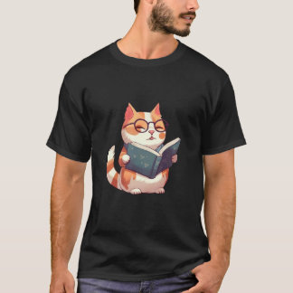 メガネをかけた本好きの猫 かわいい知的デザイン Tシャツ