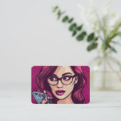 メガネをかけた自分のレトロの女性を電話で作成 名刺 (スタンド正面)