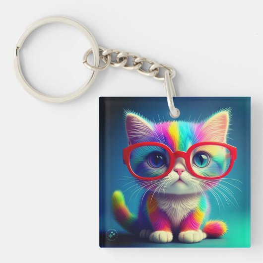 メガネをかけた虹色の子猫-46568 キーホルダー (正面)