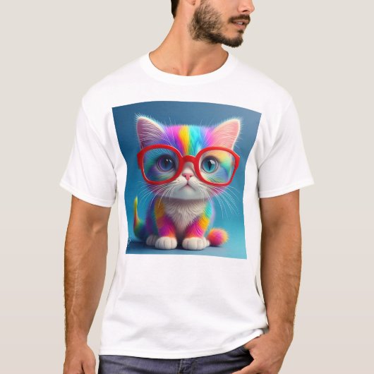メガネをかけた虹色の子猫-46568 Tシャツ (正面)