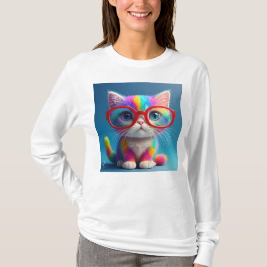 メガネをかけた虹色の子猫-46568 Tシャツ (正面)