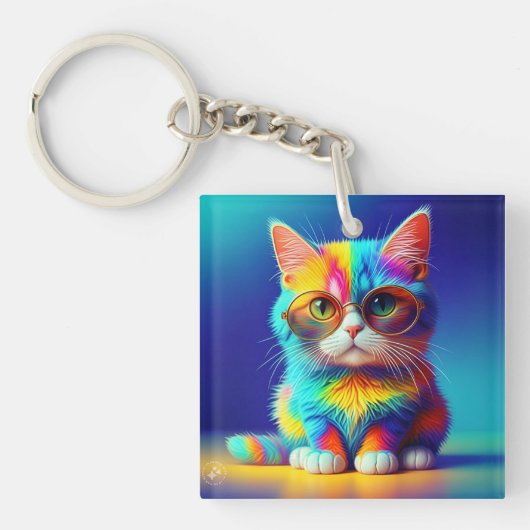 メガネをかけた虹色の猫の肖像画-47567 キーホルダー (正面)