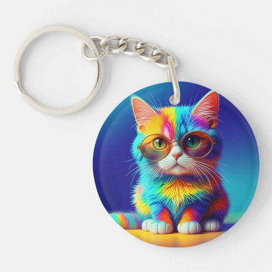 メガネをかけた虹色の猫の肖像画-47567 キーホルダー (正面)