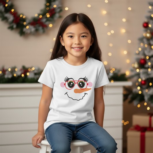メガネをかけた雪だるまの女の子の顔のキッズTシャツ Tシャツ