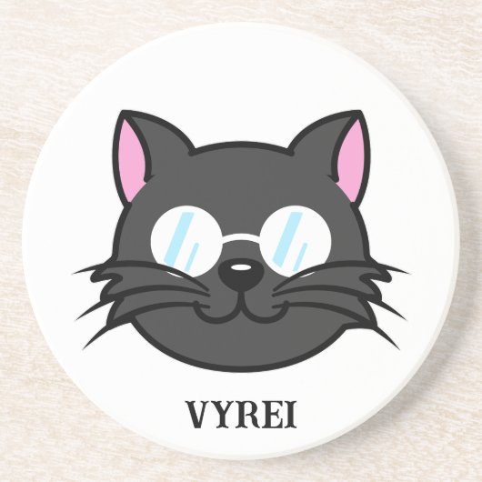 メガネをかけているダークキャットブラックキャットグレー猫 コースター (正面)