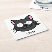メガネをかけているダークキャットブラックキャットグレー猫 スクエアペーパーコースター (アングル)