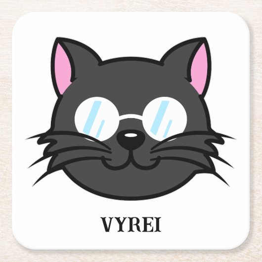 メガネをかけているダークキャットブラックキャットグレー猫 スクエアペーパーコースター (正面)