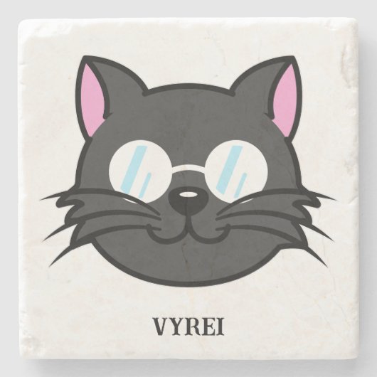 メガネをかけているダークキャットブラックキャットグレー猫 ストーンコースター (正面)