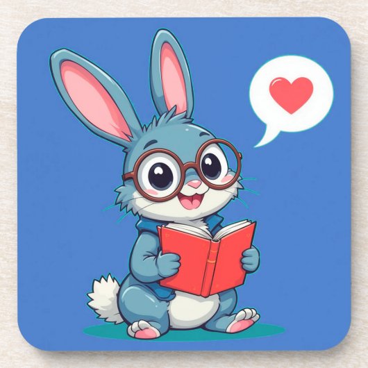 メガネをかけ本を読むかわいいウサギ コースター (正面)