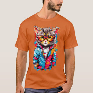 メガネカラフルをかけた落書き小猫 Tシャツ