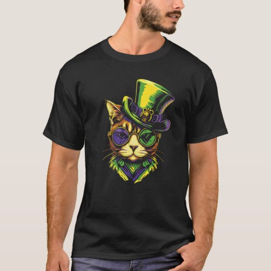 メガネ帽子の猫 マルディグラ Tシャツ (正面)