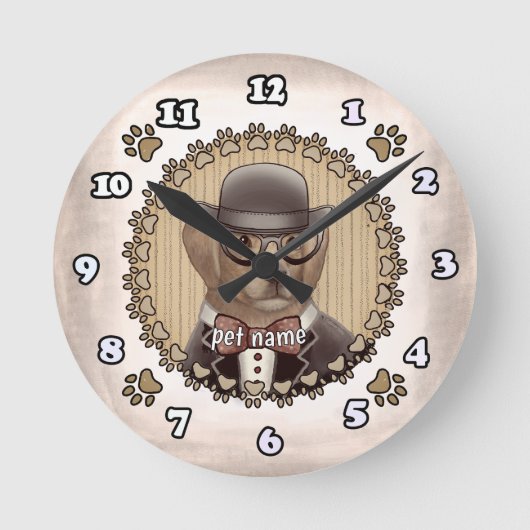 メガネ時計を着たゴールデンレトリバー ラウンド壁時計 (正面)