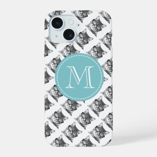 メガネ柄の可愛い猫カスタムモノグラム iPhone 15ケース (裏面)