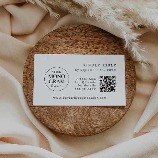 メガンモノグラムQR白黒ウェディングRSVPカード エンクロージャーカード