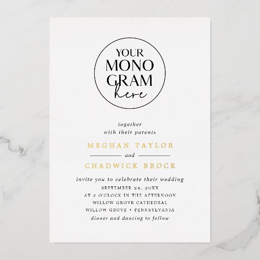 メガン白黒金ゴールドモノグラムエレガントウェディング 箔招待状 (正面)