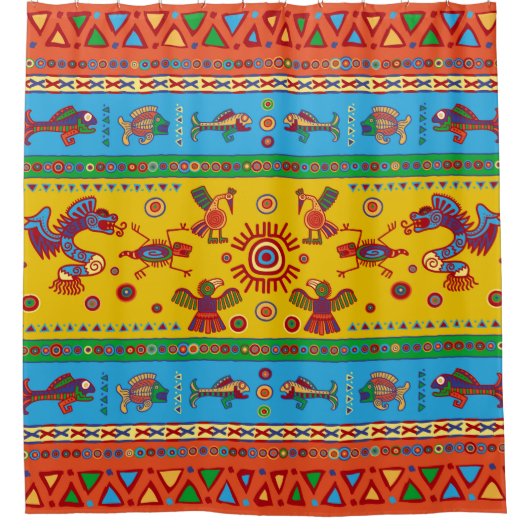 メキカラフルアステカシコ動物オーナメント シャワーカーテン (正面)