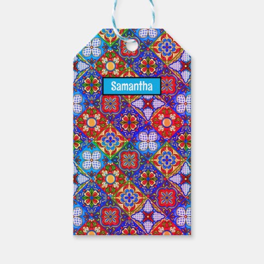 メキシエレガントコのタラベラの赤い青紫色のタイル ギフトタグ (正面)