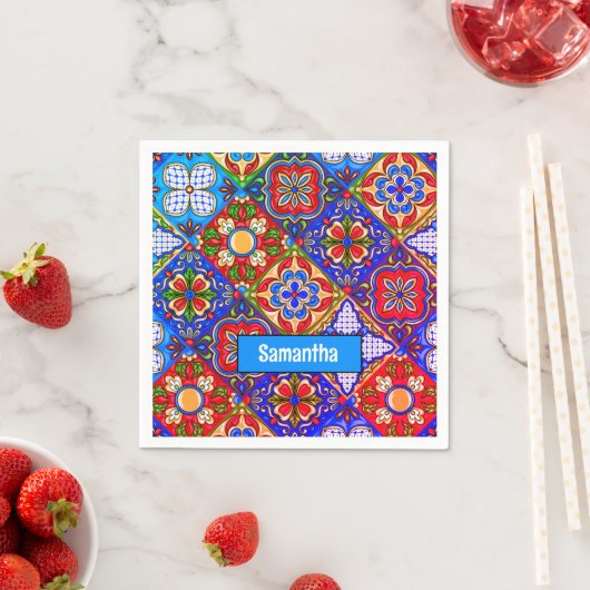 メキシエレガントコのタラベラの赤い青紫色のタイル スタンダードカクテルナプキン (インサイチュ)