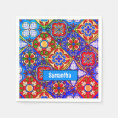 メキシエレガントコのタラベラの赤い青紫色のタイル スタンダードカクテルナプキン (正面)