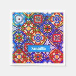 メキシエレガントコのタラベラの赤い青紫色のタイル スタンダードカクテルナプキン