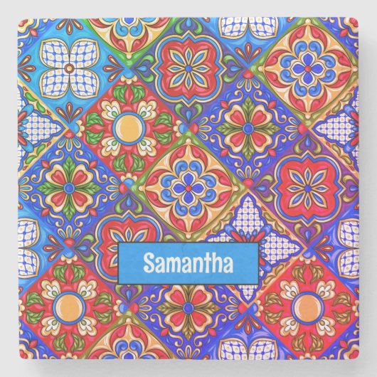 メキシエレガントコのタラベラの赤い青紫色のタイル ストーンコースター (正面)