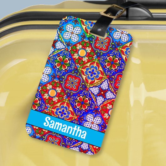 メキシエレガントコのタラベラの赤い青紫色のタイル ラゲッジタグ