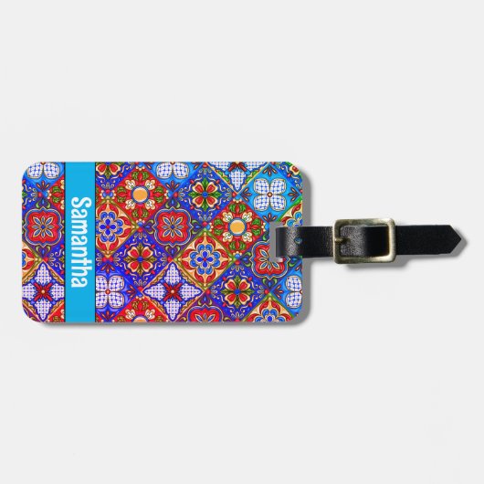 メキシエレガントコのタラベラの赤い青紫色のタイル ラゲッジタグ (正面横)