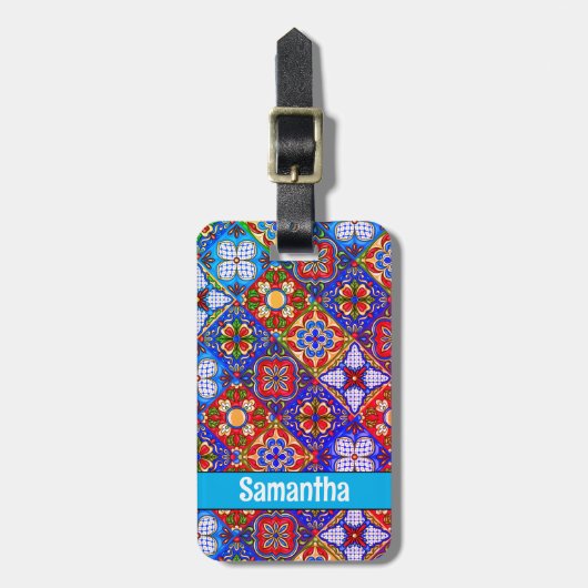 メキシエレガントコのタラベラの赤い青紫色のタイル ラゲッジタグ (正面縦)