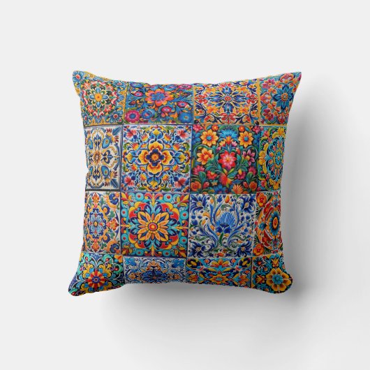 メキシエレガントコのタラベラの赤い黄色のタイルのモノグラム クッション (裏面)