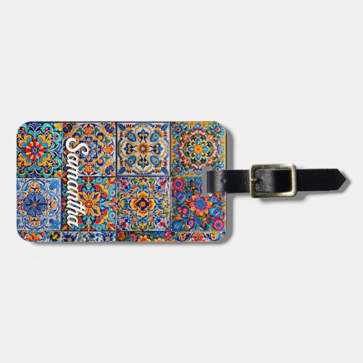 メキシエレガントコのタラベラの赤い黄色のタイルのモノグラム ラゲッジタグ (正面横)