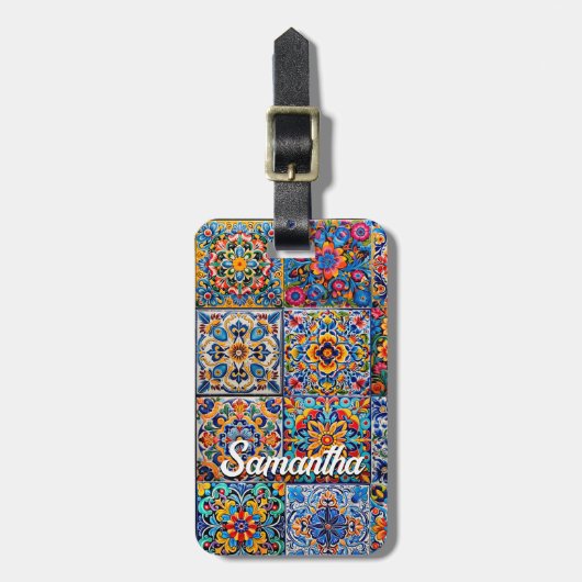 メキシエレガントコのタラベラの赤い黄色のタイルのモノグラム ラゲッジタグ (正面縦)