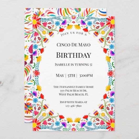 メキシエレガントコ花模様シンコデマヨ誕生日 招待状 (正面/裏面)