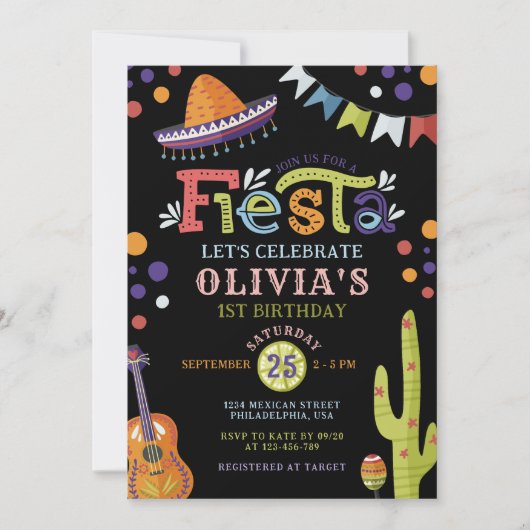 メキシカラフルカンフィエスタファースト誕生日ブラック 招待状 (正面)