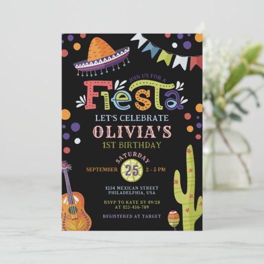メキシカラフルカンフィエスタファースト誕生日ブラック 招待状 (スタンド正面)