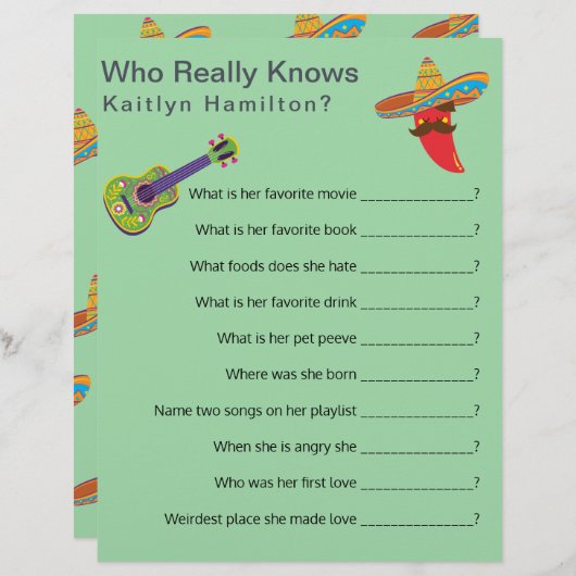 メキシカラフルコのフィエスタ赤ちゃんシャワー質問ゲーム (正面/裏面)