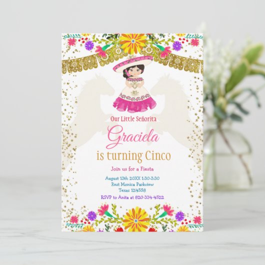 メキシカラフルコの花と金ゴールドグリッター 招待状 (スタンド正面)