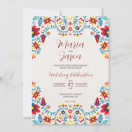メキシカラフルコエレガントフローラ結婚ボダ 招待状 (正面)