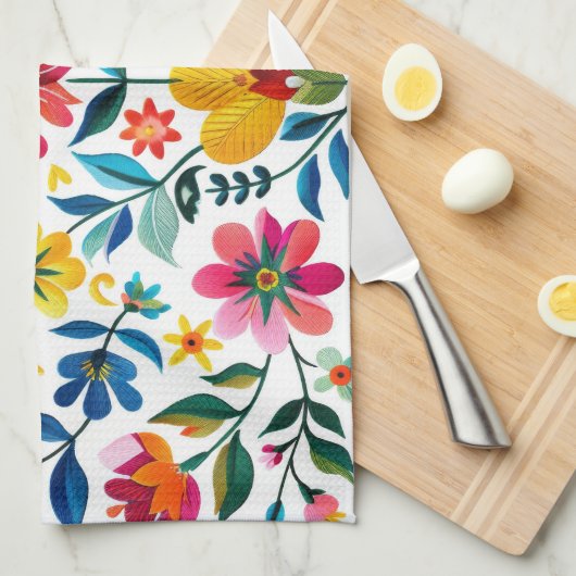 メキシカラフルコフォークアートフローラ キッチンタオル (四つ折り)