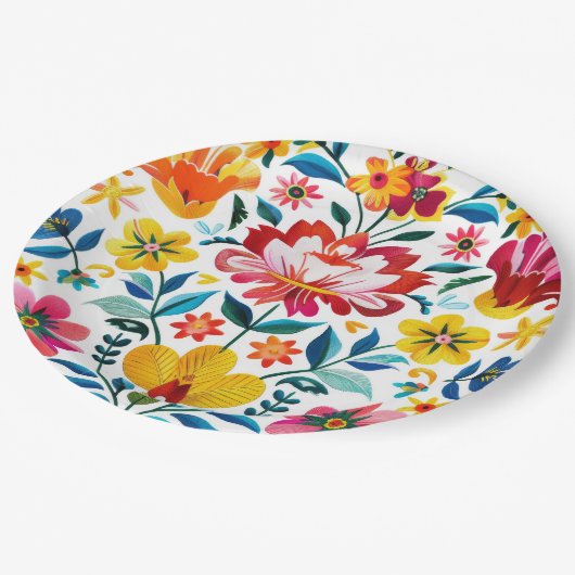 メキシカラフルコフォークアートフローラ ペーパープレート (アングル)