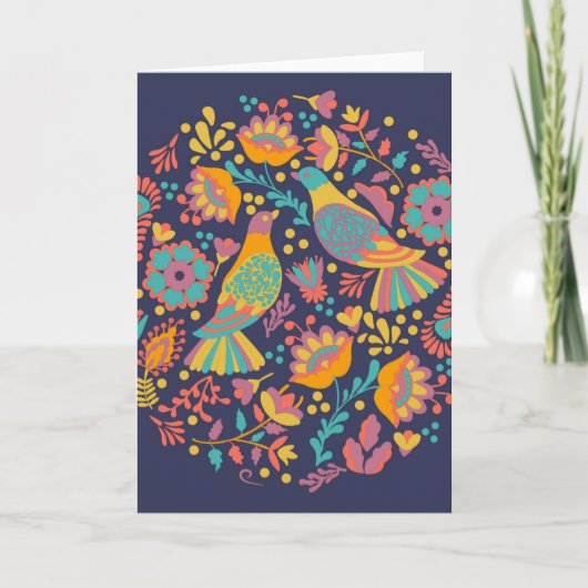 メキシカラフルコフォーク芸術鳥花ブルー カード (正面)