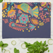 メキシカラフルコフォーク芸術鳥花ブルー キッチンタオル (折り畳み)