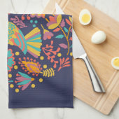 メキシカラフルコフォーク芸術鳥花ブルー キッチンタオル (四つ折り)