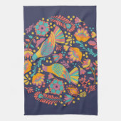 メキシカラフルコフォーク芸術鳥花ブルー キッチンタオル (縦)