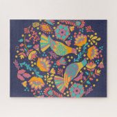 メキシカラフルコフォーク芸術鳥花ブルー ジグソーパズル (横)