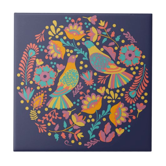 メキシカラフルコフォーク芸術鳥花ブルー タイル (正面)