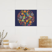 メキシカラフルコフォーク芸術鳥花ブルー ポスター (キッチン)