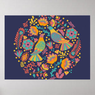 メキシカラフルコフォーク芸術鳥花ブルー ポスター