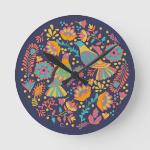 メキシカラフルコフォーク芸術鳥花ブルー ラウンド壁時計