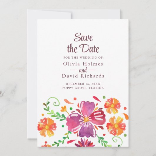 メキシカラフルコフローラフィエスタ日付カードの保存 招待状 (正面)